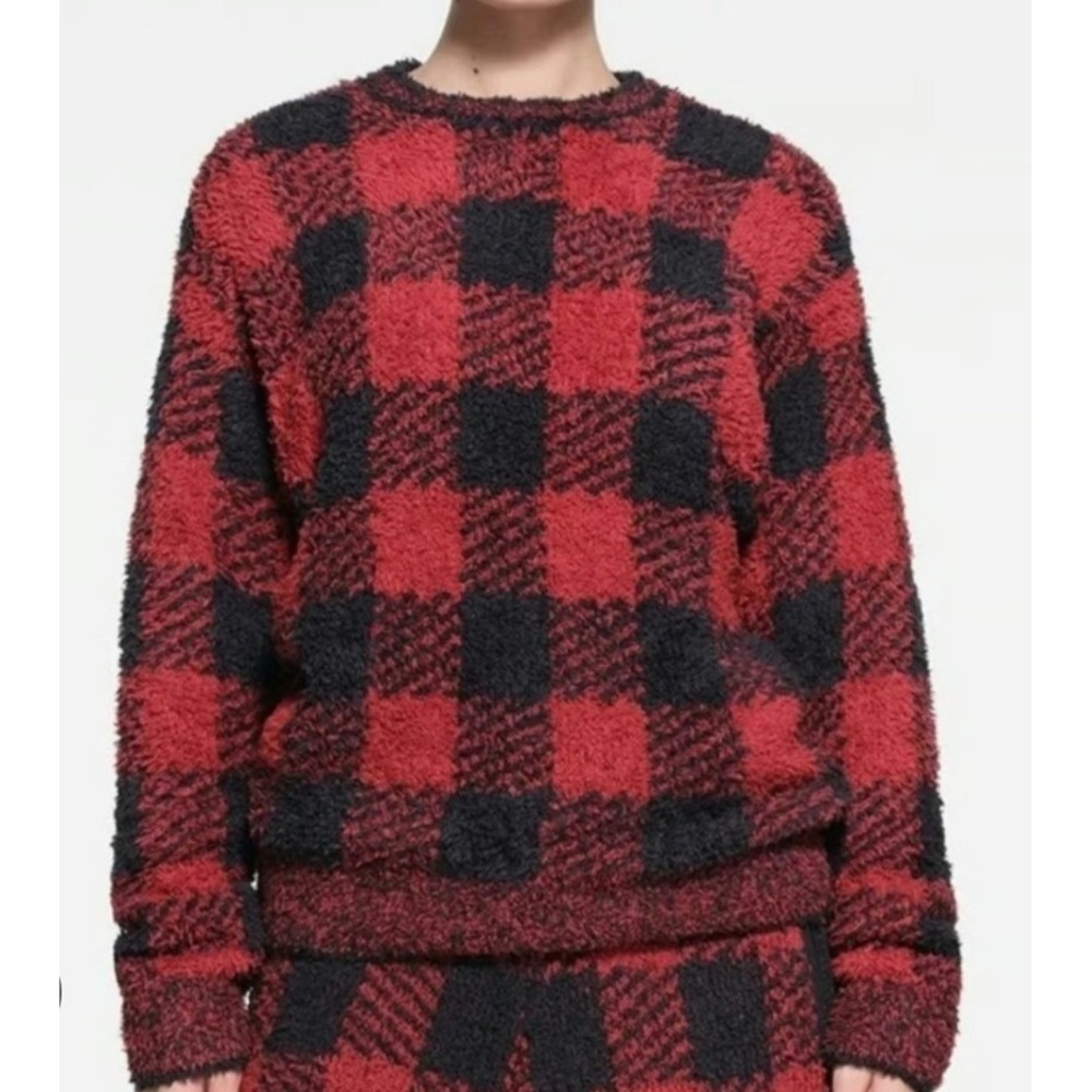 New SKIMS Cozy Knit Sweater L/XL L XL Brick Buffalo Check Soft Sherpa NWT Red